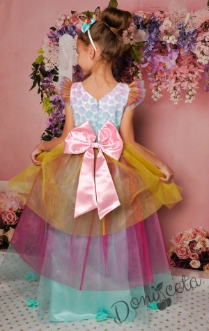 Официална детска дълга рокля с многоцветен тюл и 3D цветя 288ЗДЦД