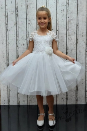 Детска официална рокля от дантела и тюл с ластик в бяло 657877