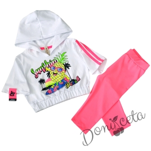 Детски комплект от тениска с качулка в бяло и клинче в розово