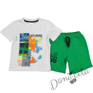 Комплект за момче от къси панталонки в зелено и тениска в бяло