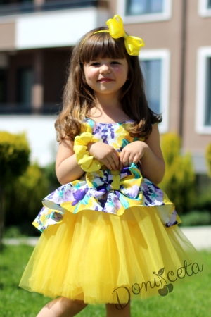 Официална детска рокля на цветя с тюл в жълто с лимони