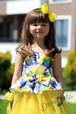 Официална детска рокля на цветя с тюл в жълто с лимони