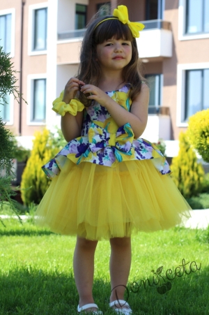 Комплект от детска рокля на цветя с тюл в жълто с лимони и болеро