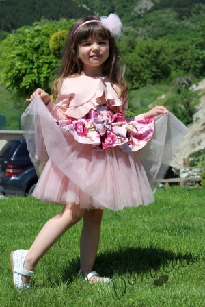 Комплект от детска рокля на цветя с тюл в пепел от рози на цветя