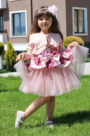 Комплект от детска рокля на цветя с тюл в пепел от рози на цветя