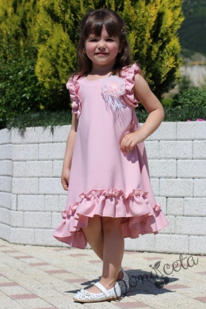 Лятна детска рокля в пудра с къдрички без ръкав