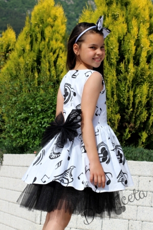 Официална детска рокля в бяло с ноти и тюл Нора