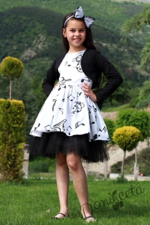 Официална детска рокля в бяло с ноти и тюл с болеро в черно