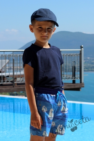 Комплект от бански/шорти  за момче в синьо и тениска