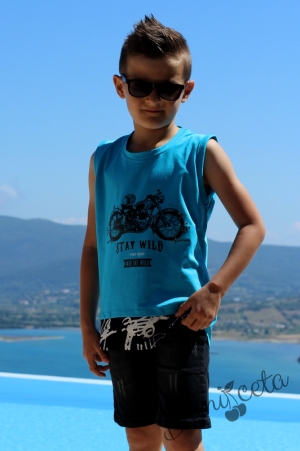  Комплект от 3 части-потник за момче в синьо с мотор, къси дънки и риза