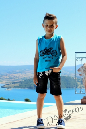  Комплект от 3 части-потник за момче в синьо с мотор, къси дънки и риза