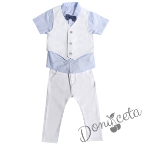 Официален костюм в бяло за бебе момче с риза в светлосиньо с къс ръкав 1