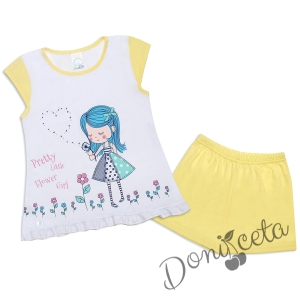 Детска пижама за момиче с къс ръкав в бяло и жълто