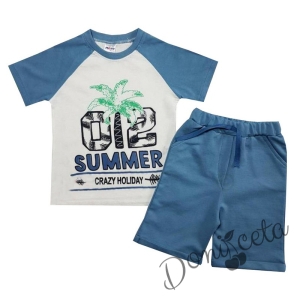 Комплект за момче от къси панталонки и тениска в синьо с  палма 1