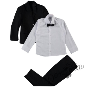 Елегантен костюм от панталон, риза, сако и папионка в черно