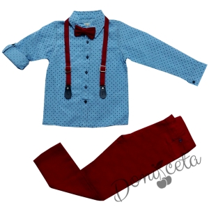 Комплект от панталон в червено и риза в синьо
