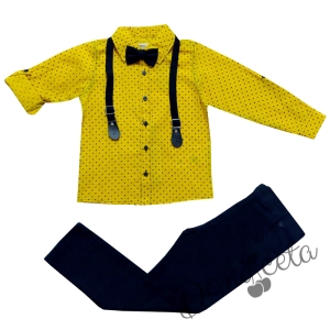 Комплект от панталон в тъмносиньо, риза в жълто, папийонка и тиранти