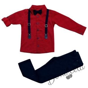Комплект от панталон в тъмносиньо, риза в червено, тиранти и папионка