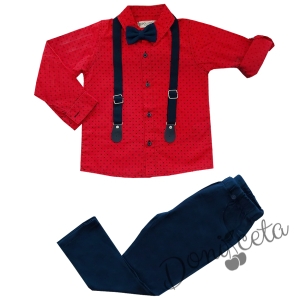 Комплект от панталон в тъмносиньо и риза в червено 865433
