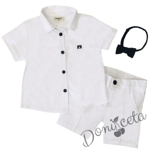 Детски комплект Contrast от риза в бяло, къси панталонки в бяло и папийонка