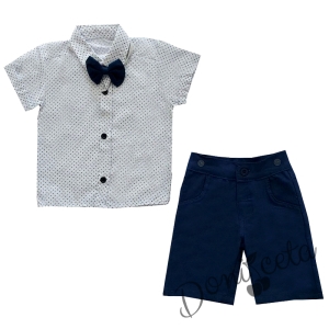 Комплект за бебе момче от риза в бяло с фигурки, папийонка и къси панталонки в тъмносиньо 1