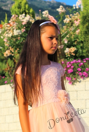 Официална детска рокля от дантела и тюл в прасковено Карола