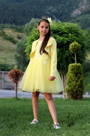 Детска  официална рокля от дантела в жълто с мек тюл и с болеро