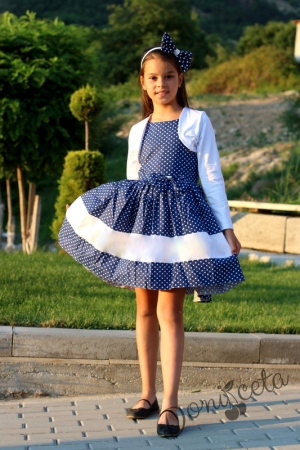 Комплект от детска рокля в тъмносиньо на точки в бяло с болеро в бяло
