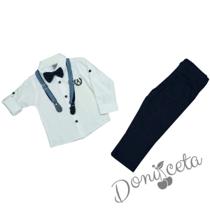 Комплект от панталон в тъмносиньо, риза в бяло, папийонка и тиранти 87667