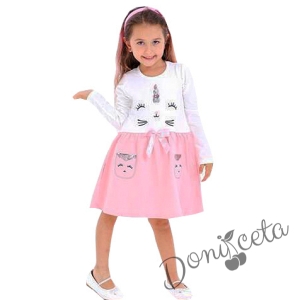 Детска рокля с дълъг ръкав с коте в бяло и  розово 643633