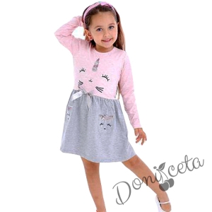 Детска рокля с дълъг ръкав с коте в розово и сиво 621377