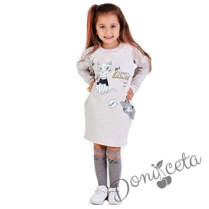Детска рокля с дълъг ръкав в бежово с коте 646771