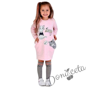 Детска рокля с дълъг ръкав с коте в розово 69988