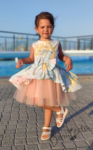 Официална детска рокля в тюркоаз/мента на цветя с тюл в прасковено
