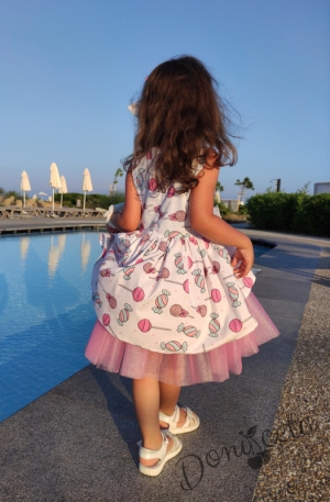 Официална детска рокля с тюл в розово с бонбони и близалки