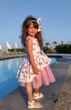 Официална детска рокля с тюл в розово с бонбони и близалки