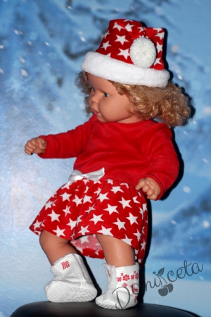 Коледна детска плюшена рокля на бели звездички