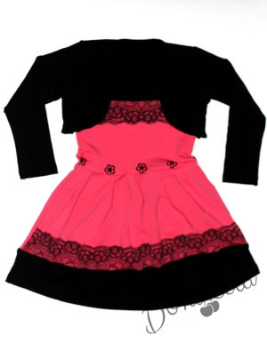 Ватирана ежедневна детска рокля в червено с болеро в черно за есен-зима