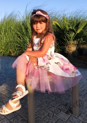 Официална детска рокля с тюл в розово с цветя и пеперудки