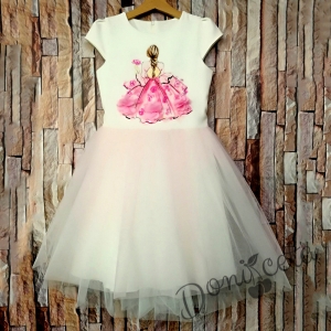 Детска рокля в бяло с момиче и тюл в розово  734551