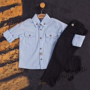 Комплект от панталони в черно и риза в синьо с джобове  512547