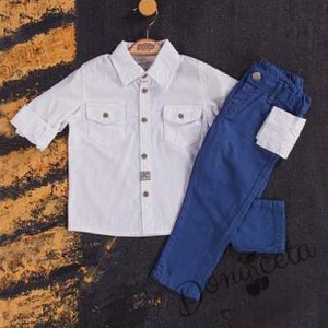 Комплект от риза в бяло с джобове и панталони в тъмносиньо 632585