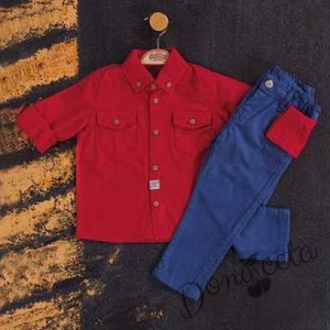 Комплект от риза в червено  и панталони в тъмносиньо 963258