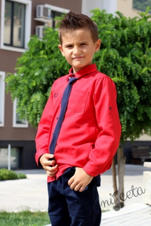 Официална детска риза с дълъг ръкав в червено с вратовръзка