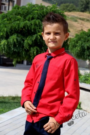Официална детска риза с дълъг ръкав в червено с вратовръзка