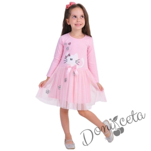 Детска рокля с дълъг ръкав с коте и тюл в розово 