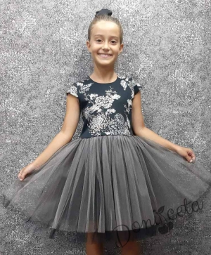 Официална детска рокля на цветя с тюл в черно и сиво Зари
