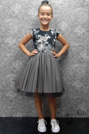 Официална детска рокля на цветя с тюл в черно и сиво Зари