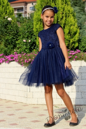 Официална детска рокля с дантела в тъмносиньо и тюл 8431655