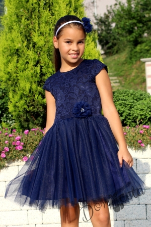 Официална детска рокля с дантела в тъмносиньо и тюл 8431655
